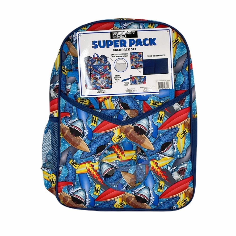 Reboot Sharks and Surfboards Backpack, Pencil Case and Folder, Blue